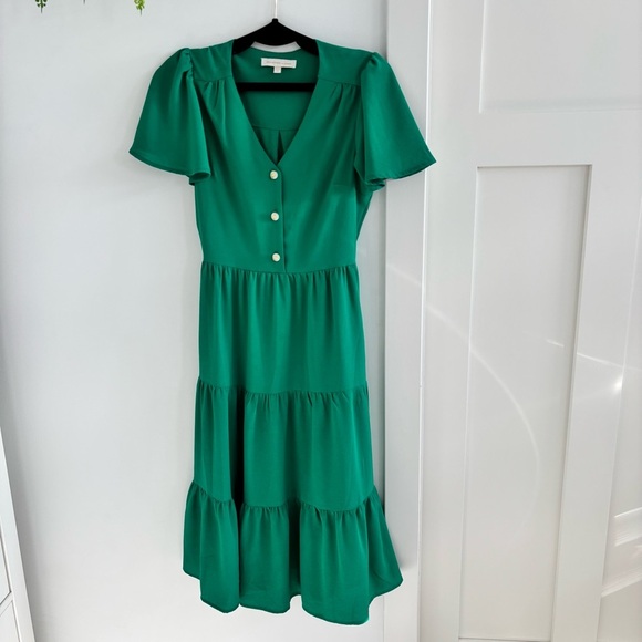 Monteau Los Angeles Kelly Green Cinched Waist Flutter Sleeve Womens Dress Small - Picture 1 of 11